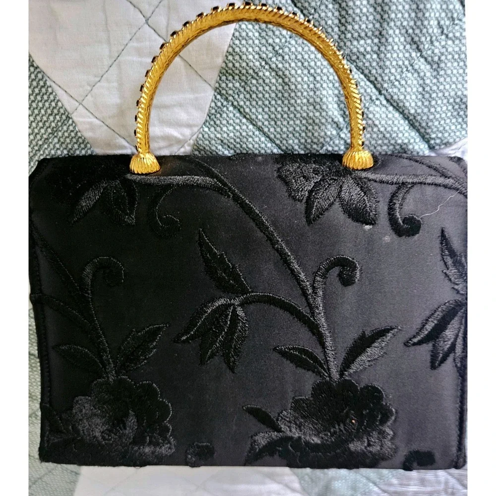 Cara Evening Bag Women Small Black Good Vintage Embroidered Satin Gold Handle
